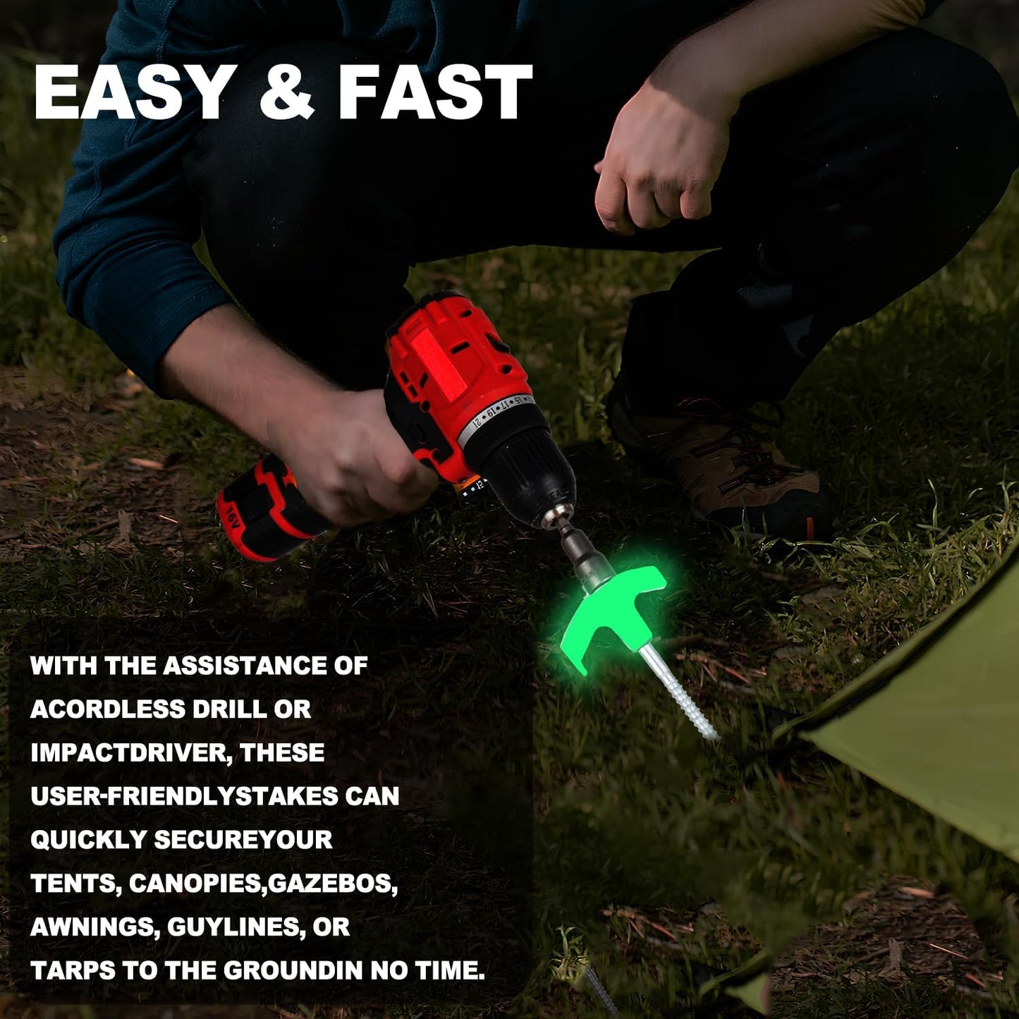 12 Pack Screw in Tent Stakes Heavy Duty,8 Inch Ground Anchors Screw in,Metal Stakes with Hex Head Driver,Camping Tent Accessories.(Luminous White)