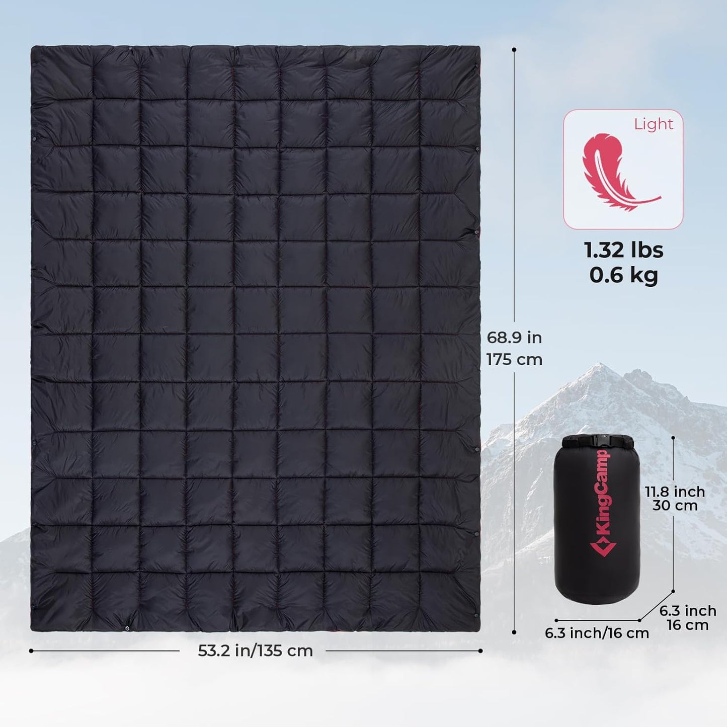 KingCamp Ultralight Camping Blanket, Packable Down Alternative Puffy Wearable Blankets Weatherproof Warm Package Quilt with Snap Buttons for Outdoor Hiking Travel Picnic Stadium (69" x 53", Black)