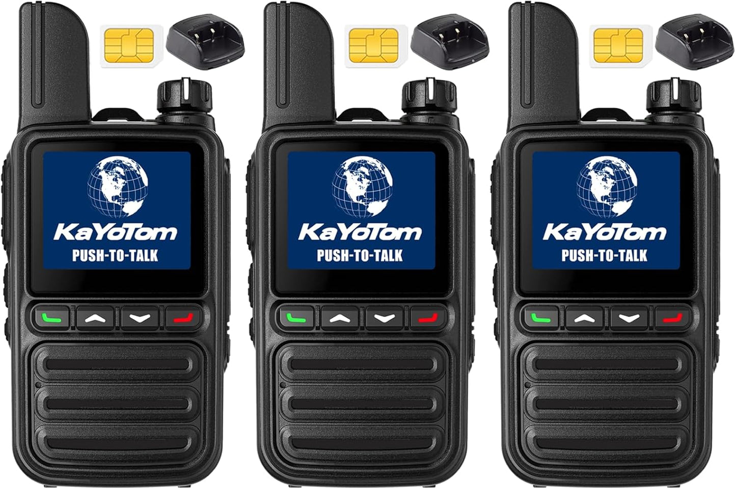 KAYOTOM Global Walkie Talkies Unlimited Range PTT Push-to-Talk Over Cellular Nationwide 5000 Miles POC 4G Handheld Long Range Two Way Radio for Team (with Charge Dock, 3-Packs)
