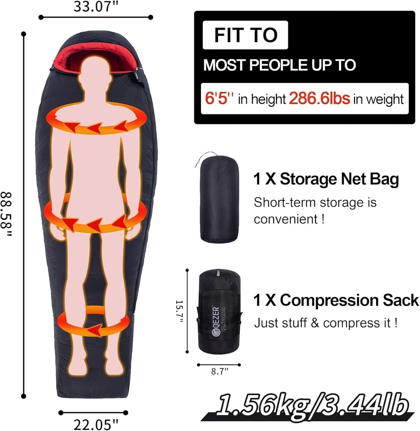 0 Degree Sleeping Bag for Adults 650 Fill Power Down Sleeping Bag for Cold Weather -20F / -8F / 0F / 10F Large Lightweight