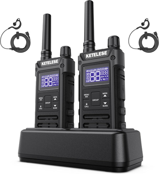 KETELESE T3G Heavy Duty Walkie Talkies for Adults, IP67 Waterproof Long Range 2 Way Radio, with Earpiece and Mic, Type-C Charge Dock&Cable, VOX, NOAA, PTT, Group 2 Pack, Black/Grey