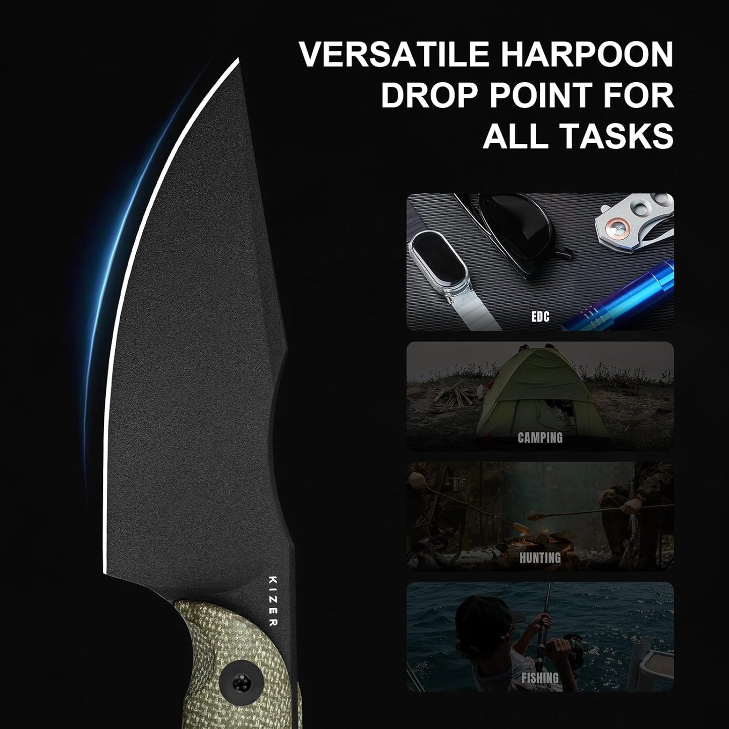 Kizer Harpoon Fixed Blade Knife with Sheath, 3.88” D2 Fixed Blade EDC Knife with Micarta Handle for Hunting, Camping, Hiking, Survival 1040M4