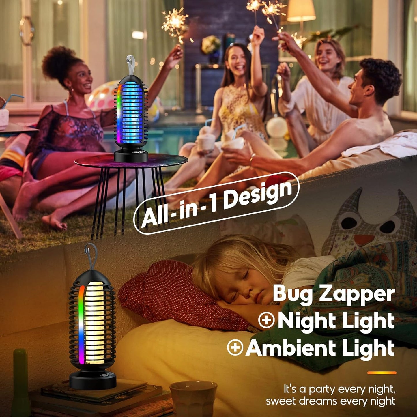 Bug Zapper with Marquee Light, Mosquito Zapper Indoor Outdoor, 4000mAh, Smart Auto On/Off Rechargeable Fly Zapper, Portable Waterproof Insect Killer for Home, Kitchen, Patio, Camping - 2Packs, 2Colors