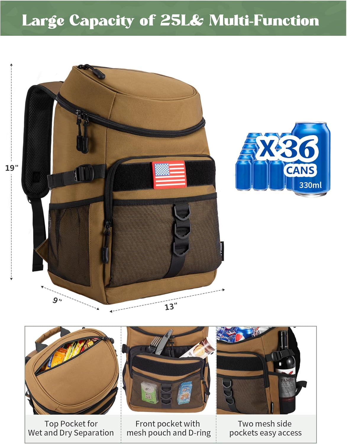 JOYHILL Backpack Cooler, Cooler Backpack 36 Cans/25 L Tactical Insulated Soft Cooler Bag Large Capacity Leakproof Cooler for Men Women, Travel Backpack for Camping Hiking Picnic Beach