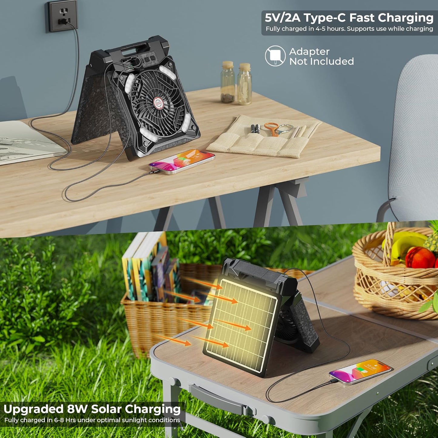 KITWLEMEN Upgraded Solar Camping Fan with Lantern - Rechargeable Battery Operated Fan, 36H Run Time Max, 4 Speeds, 8H Timer, 90° Adjustable Portable Desk Fan for Hurricane, Power Outage, Outdoor Use