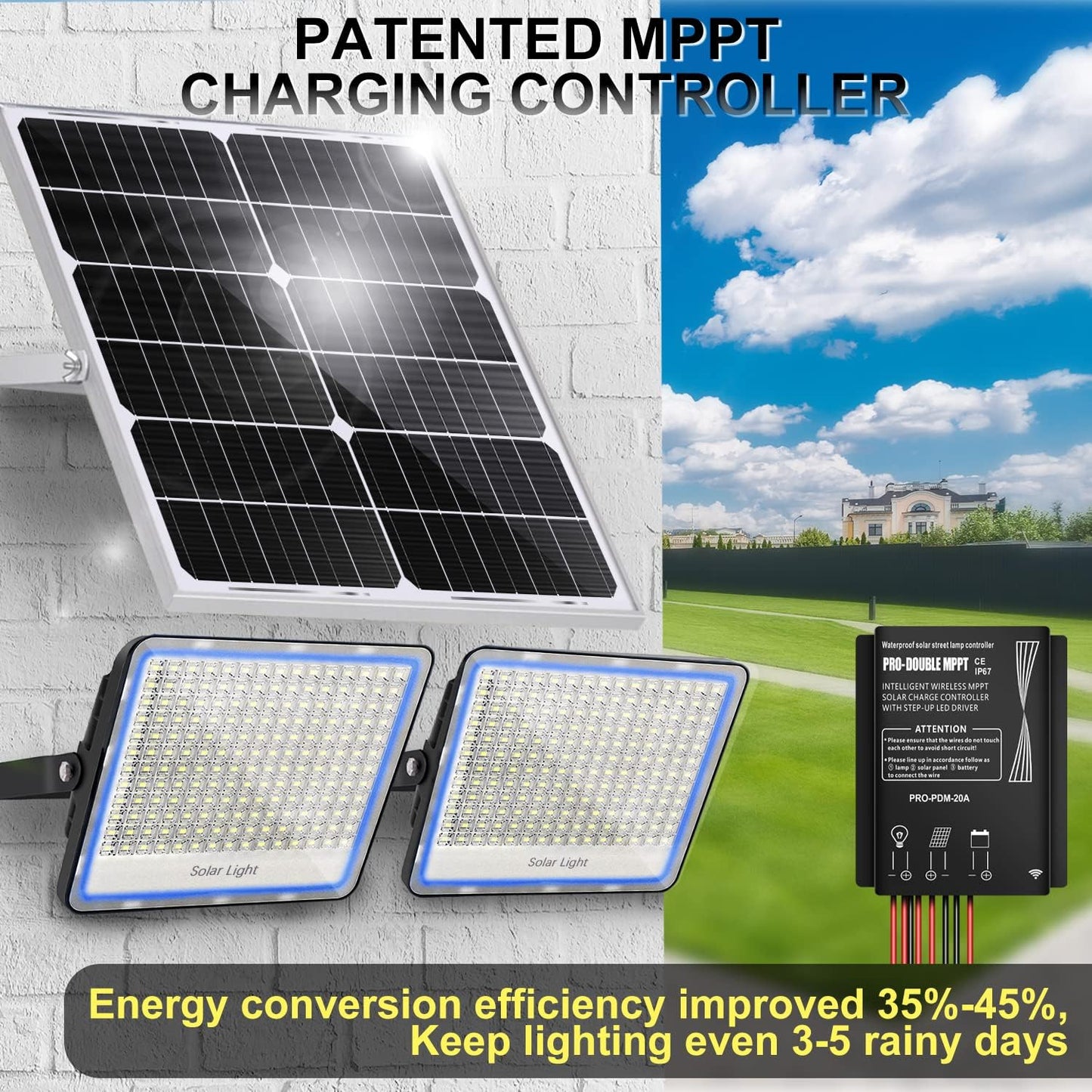 100W 12000LM Solar Flood Light Outdoor with Separate Panel, Dusk to Dawn & Motion Sensor Solar Street Lights Outdoor with Flash Warning for Garden, Yard Pathway, 2 Light Fixture for Wider Light Range