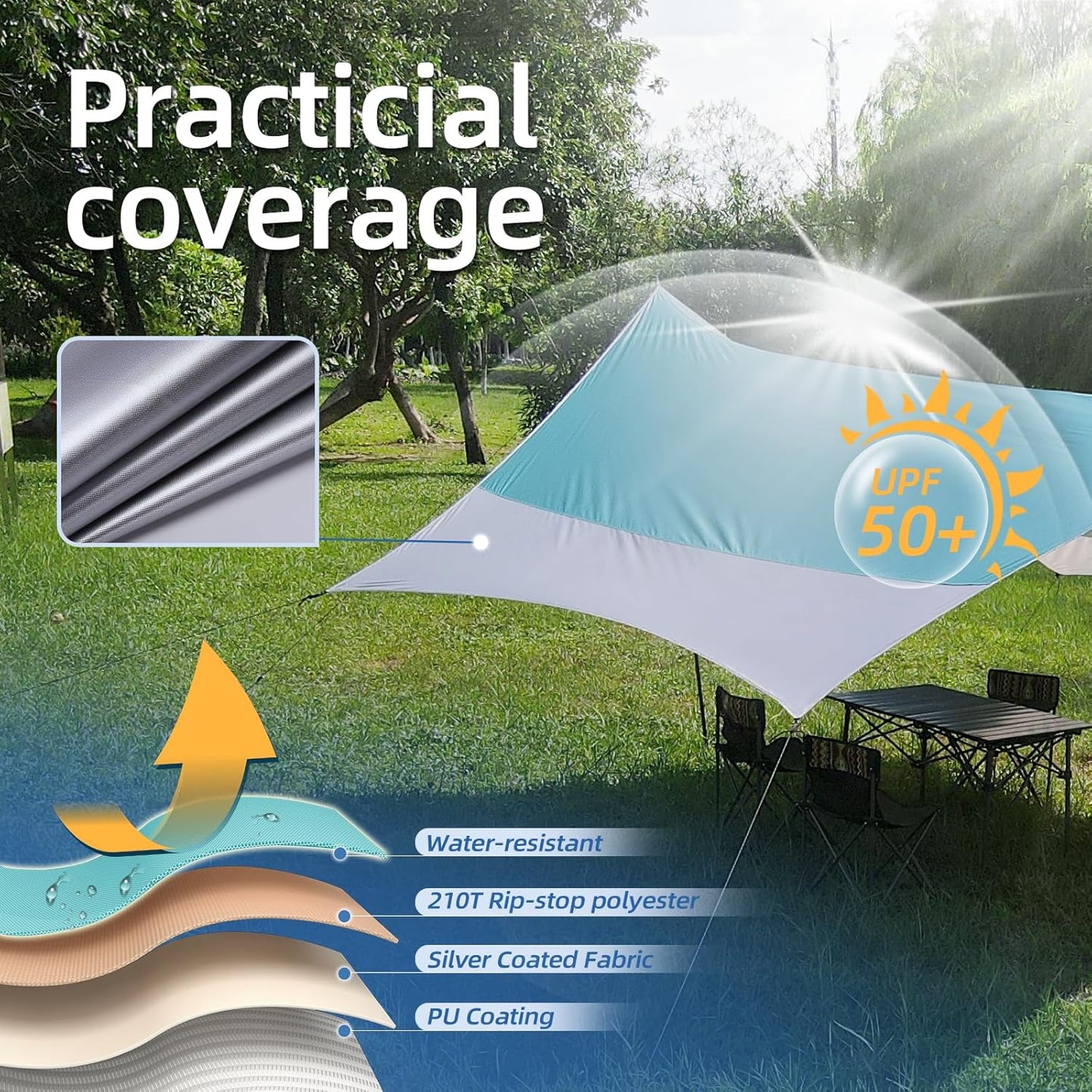 12X14FT Camping Tarp with 2 Poles, UV UPF50+ Lightweight Car Awning Sun Shelter, PU3000 Waterproof Tarp for Camping, Hiking and Backpacking Trips