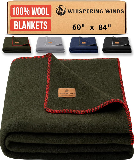 100% Wool Blanket - Premium Ultra-Soft, Thick, Warm, Large 60"x 84" Bed & Camping Blanket for Outdoor, Home, Indoor, Bushcraft & Survival