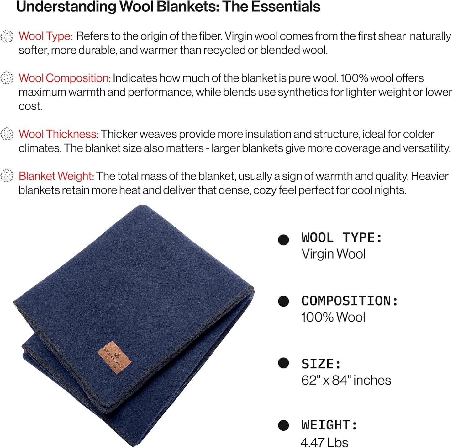 100% Wool Blanket - Premium Ultra-Soft, Thick, Warm, Large 62" x 84" Bed & Camping Blanket for Outdoor, Home, Indoor, Bushcraft & Survival