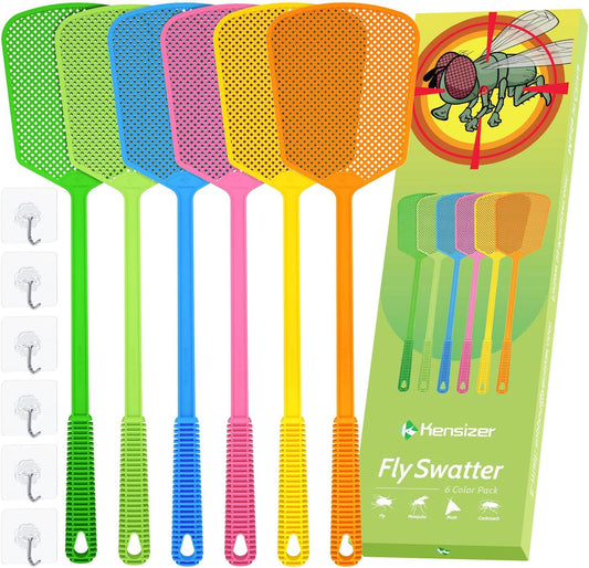 Kensizer 6-Pack Plastic Fly Swatters Heavy Duty, Multi Pack Matamoscas, Jumbo Long Handle Fly Swat Shatter Bulk, Large Bug Swatter That Work for Indoor and Outdoor