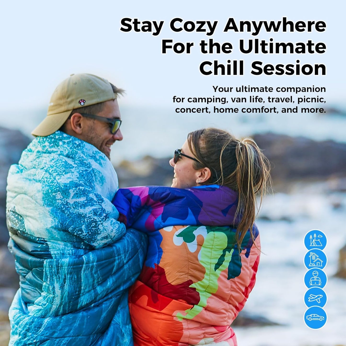 KingCamp Ultralight Camping Blanket, Packable Down Alternative Puffy Printed Wearable Blanket with Snap Buttons & Corner Loops Weatherproof Quilt for Outdoor Travel Stadium (79"L x 57"W SEAWAVE)