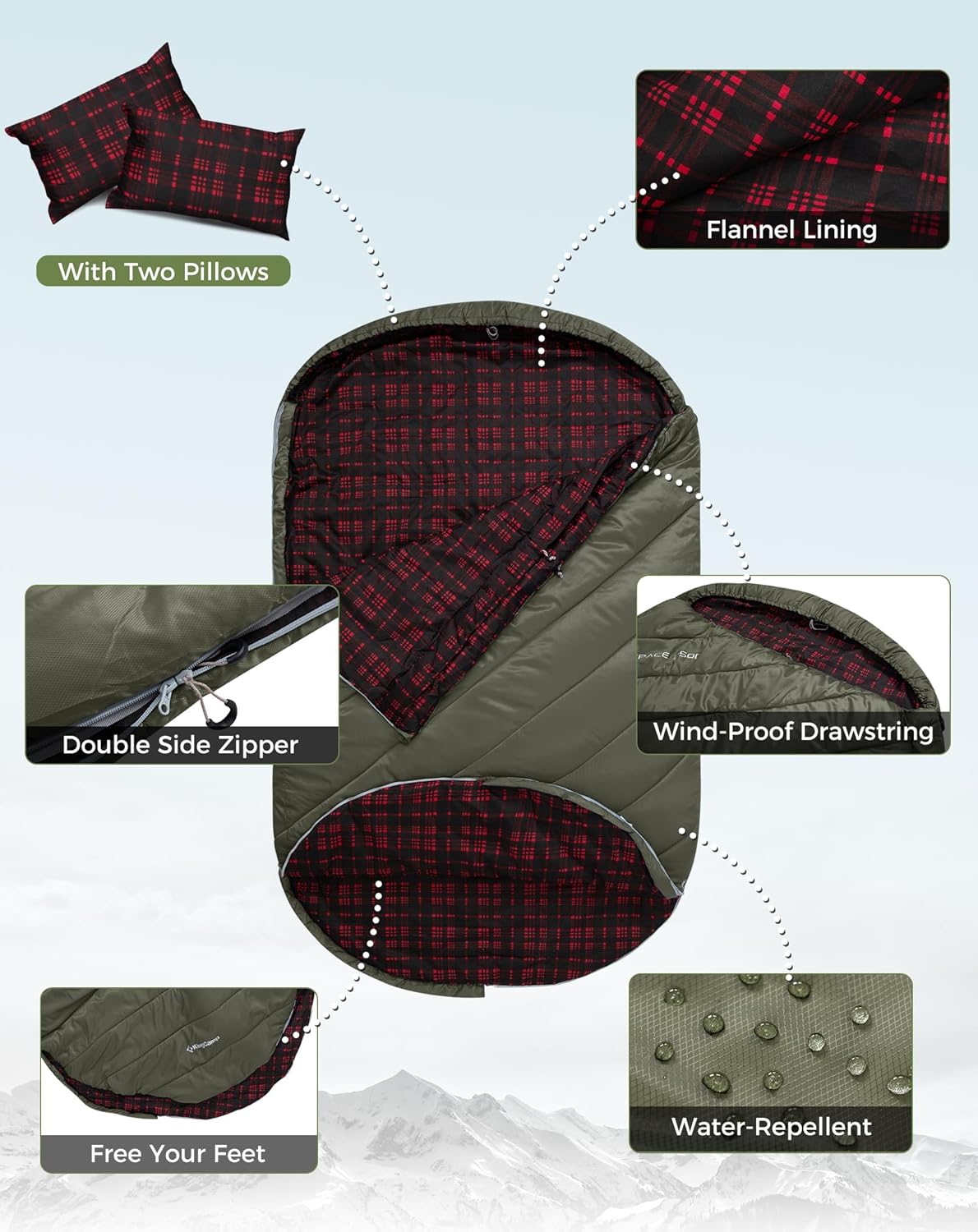 KingCamp Double Sleeping Bag for Adults, Queen Size 2 Person XXL Flannel Sleeping Bag, Waterproof Lightweight Flannel Quilt with 2 Pillows, Perfect for Couples Family Camping Hiking