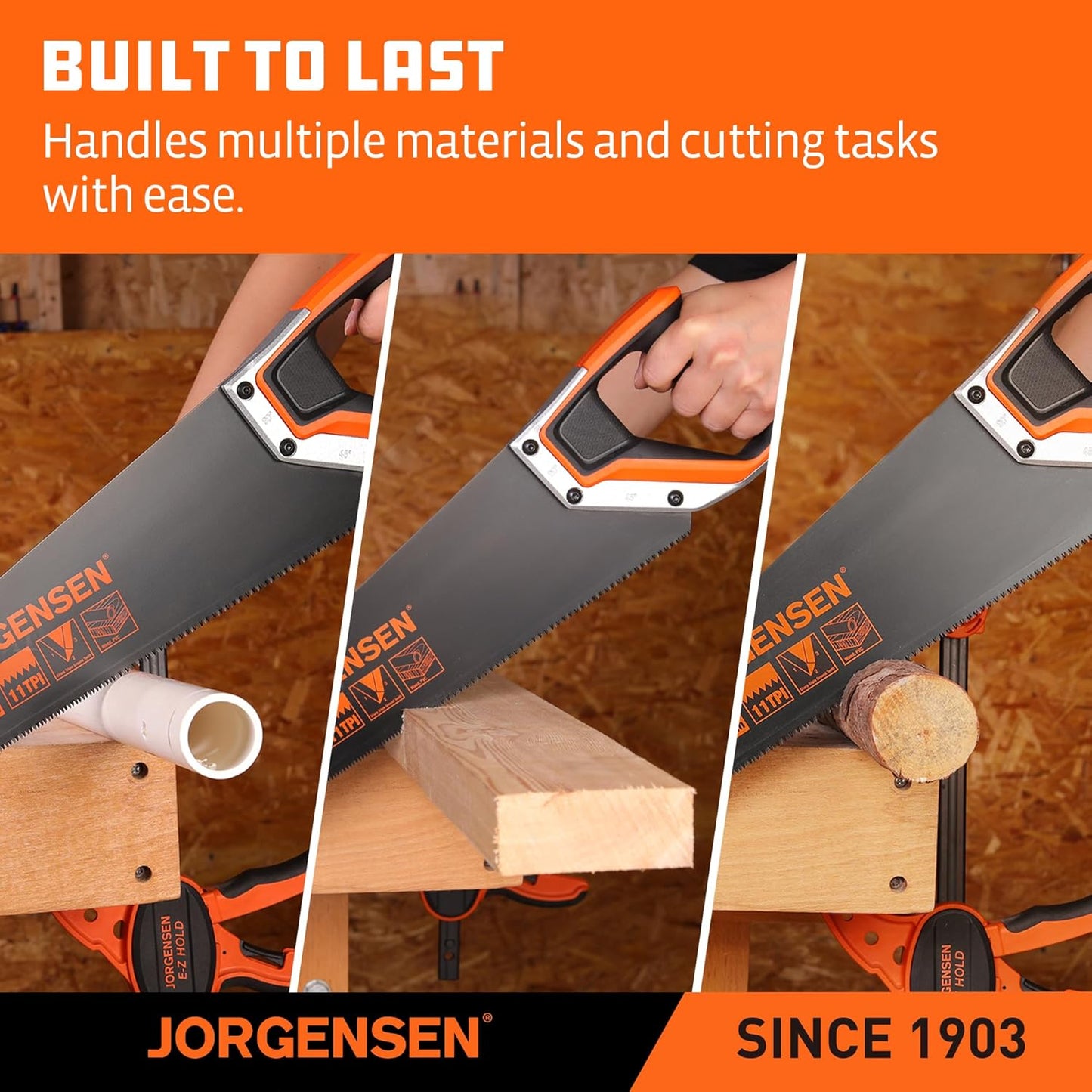 JORGENSEN 20 Inch Black Coated Pro Hand Saw, 11 TPI Fine-Cut Ergonomic Non-Slip Aluminum Ultrasonic Welding Handle for Sawing, Trimming, Gardening, Woodworking, Drywall, Plastic Pipes