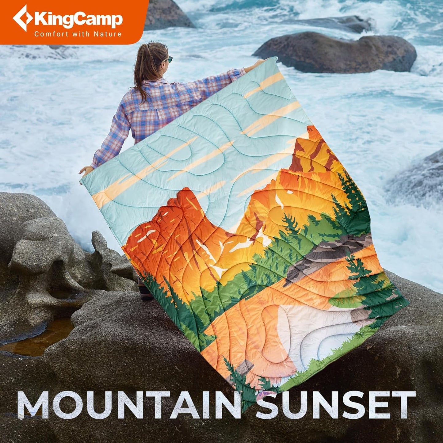 KingCamp Ultralight Camping Blanket, Packable Down Alternative Puffy Printed Wearable Blanket with Snap Buttons & Corner Loops Weatherproof Quilt for Outdoor Travel Stadium (79"L x 57"W, ORANGE/BLUE)