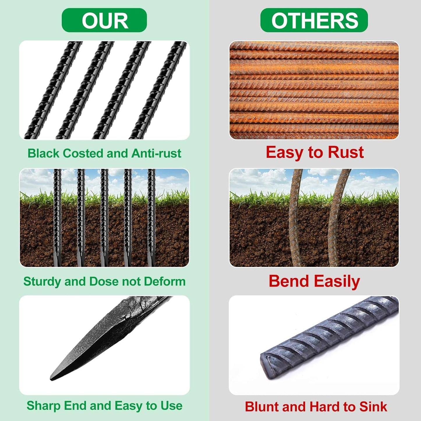 16 Inch Rebar Stakes,10 Packs Heavy Duty Metal I Hook Garden Ground Stakes for Camping Tent Canopy or Supporting for Garden Landscapes Fences Stakes (I Shape-Black, I-16 x3/8"-10pcs)