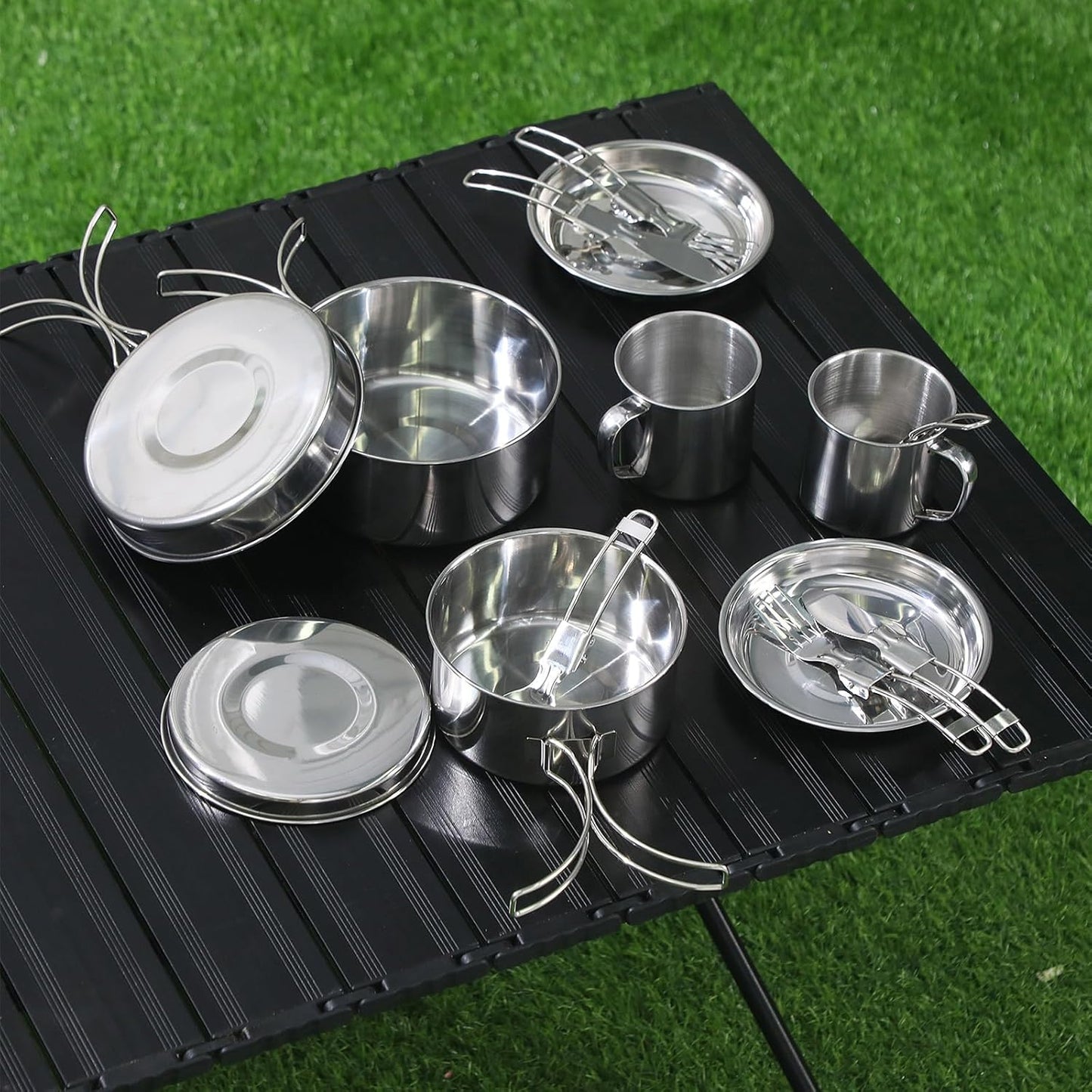 14 Piece Camp Cooking Set, Stainless Steel Camping Cookware with Pot and Pan Kit 2 Set Stainless Steel Cups Plates Forks Knives Spoons for Camping, Backpacking, Outdoor Cooking and Picnic