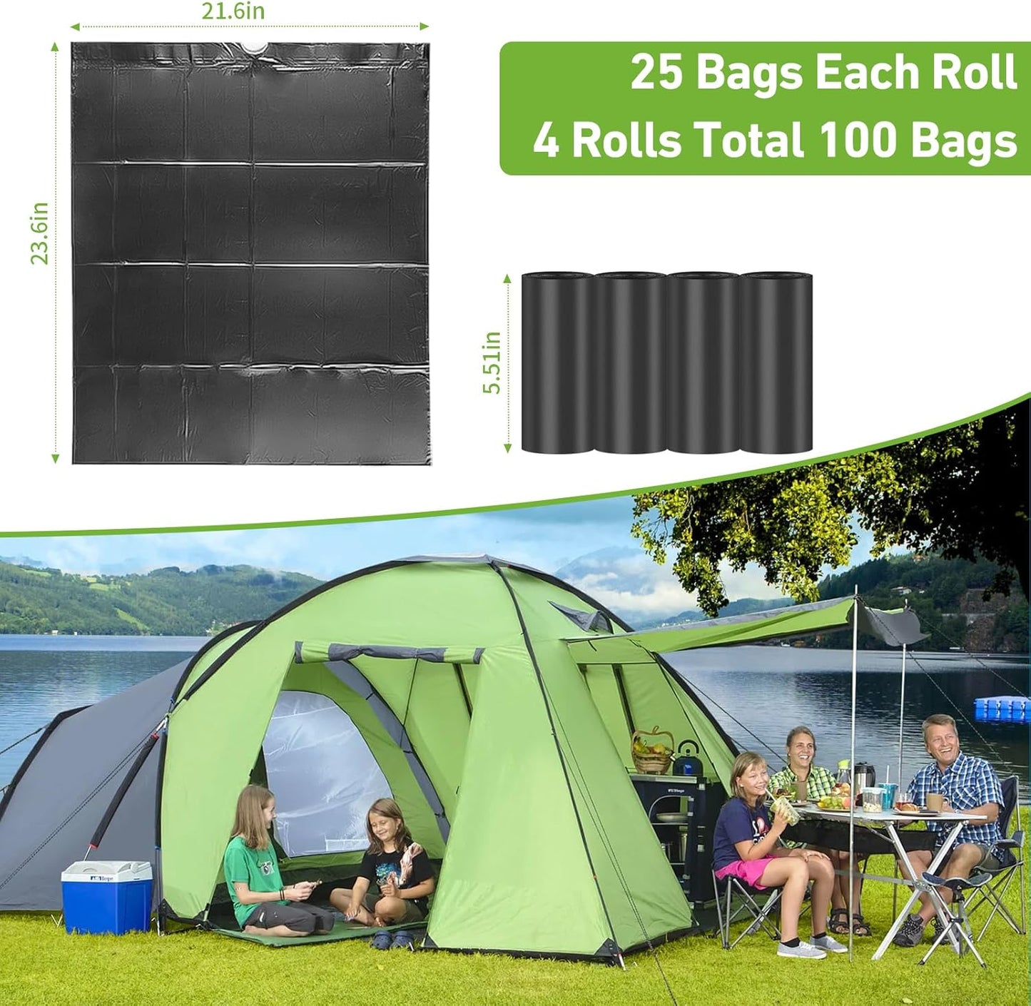 100 PCS Portable Toilet Bags for Camping, Drawstring Biodegradable Porta Potty Bag - 8 Gallon Thickened Waste Bag for 5 Gallon Bucket Toilets, Compostable Bags for Adults (100 Count)