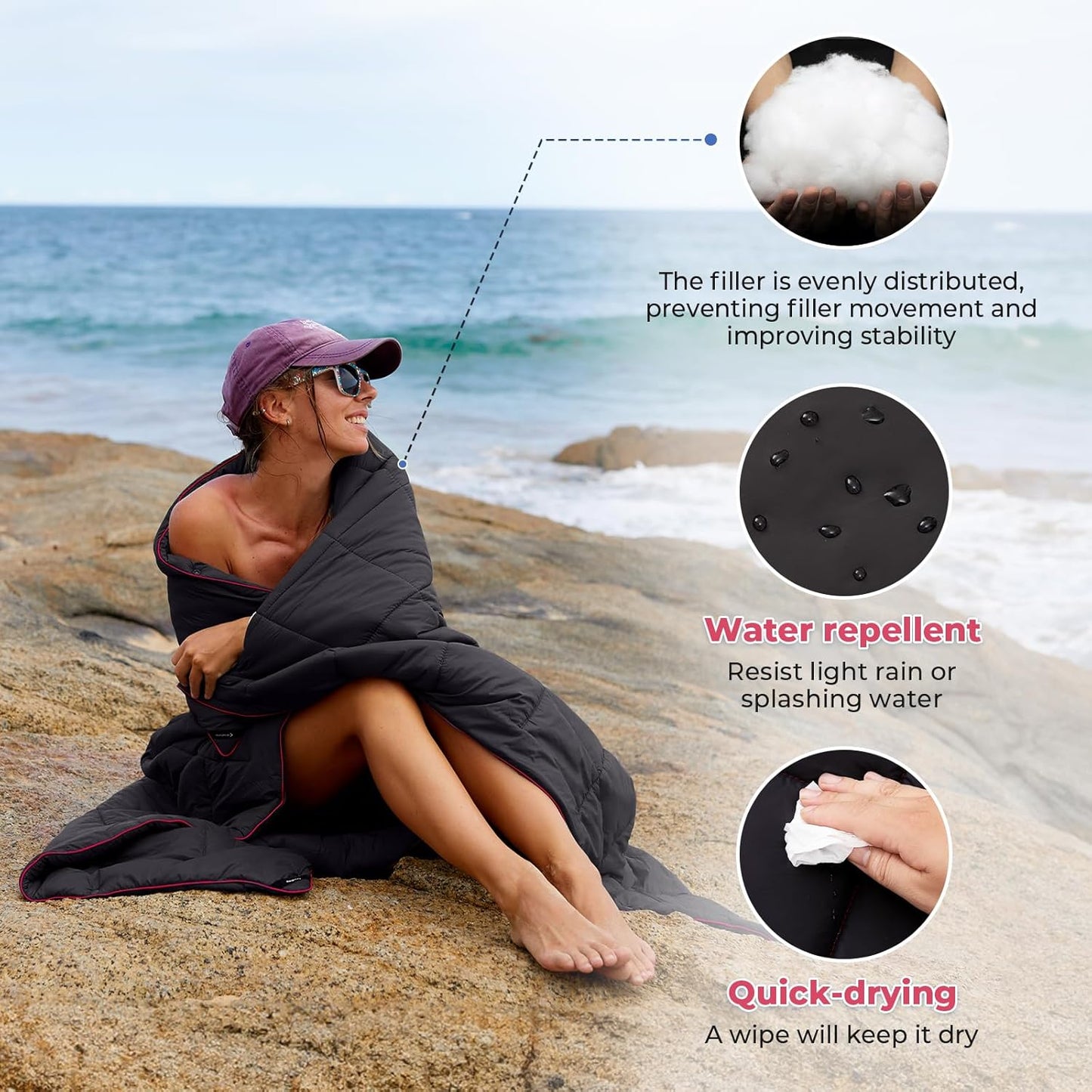 KingCamp Ultralight Camping Blanket, Packable Down Alternative Puffy Wearable Blankets Weatherproof Warm Package Quilt with Snap Buttons for Outdoor Hiking Travel Picnic Stadium (69" x 53", Black)