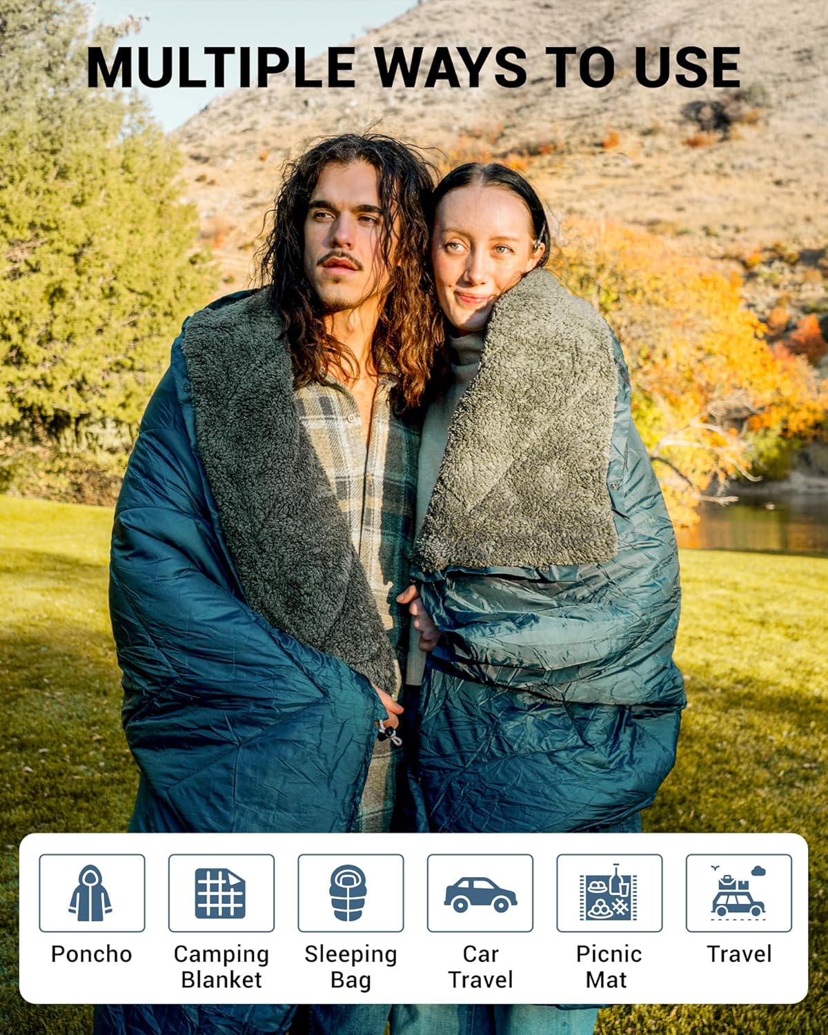 KingCamp Large Camping Blanket with Sherpa Lining, Packable Down Alternative Puffy Printed Wearable Blanket with Snap Buttons, Warm Weatherproof Quilt for Outdoor Travel (79" L x 57" W, Grey/Navy)