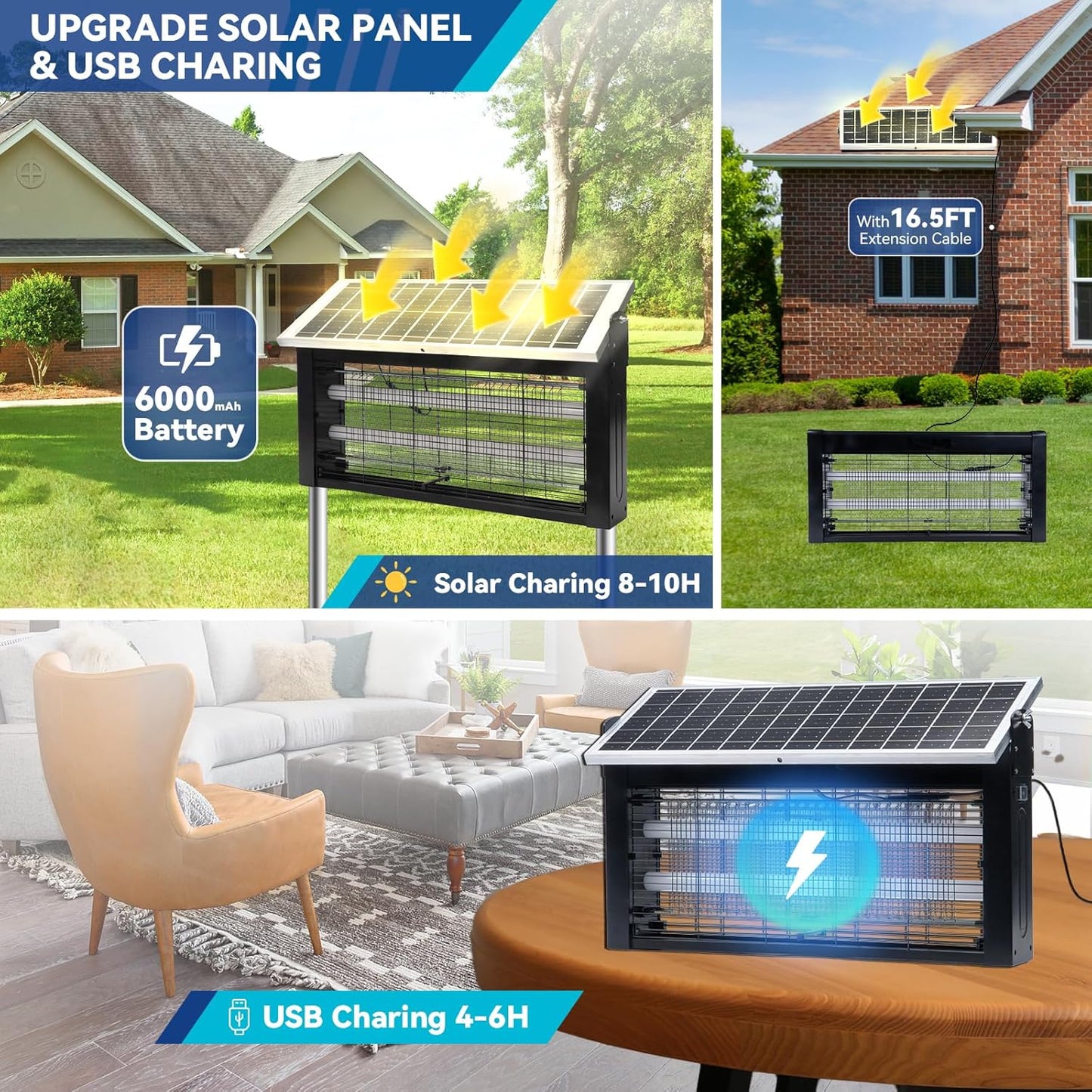 Solar Bug Zapper Outdoor, LANGY Mosquito Zapper 6000mAh, Portable Solar Fly Zapper Waterproof 4500V, Rechargeable Mosquito Killer, Cordless Fly Insect Mosquitos Trap for Patio Yard Home Garden Camping