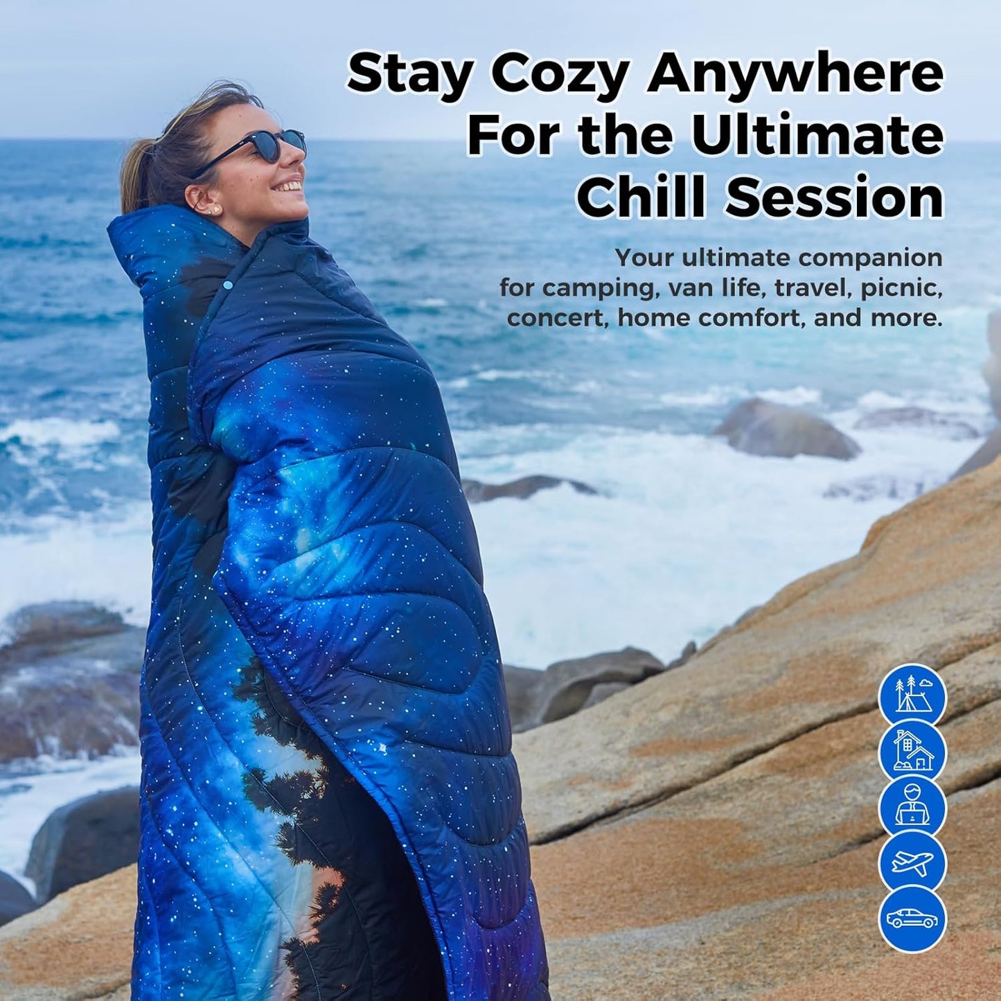 KingCamp Ultralight Camping Blanket, Packable Down Alternative Puffy Printed Wearable Blanket with Snap Buttons & Corner Loops Weatherproof Quilt for Outdoor Travel Stadium (79"L x 57"W, STARRYSKY)