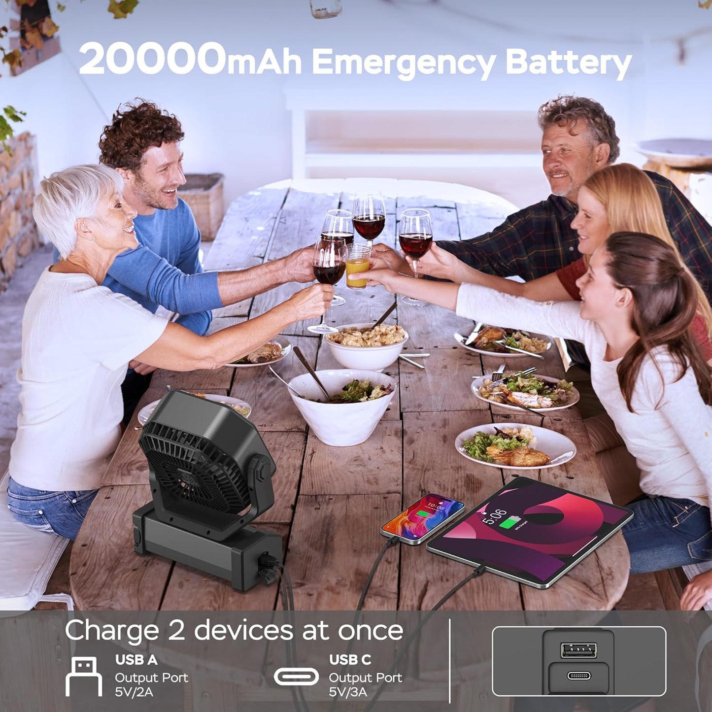 KITWLEMEN Camping Fan with Light - 20000mAh Rechargeable Battery Fan, 60Hrs Max Run Time, 4 Speeds, Timer, Auto Oscillation, 270° Pivot & Hook for Camping, Power Outage, Hurricane