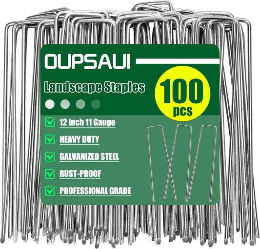 12 Inch 11 Gauge Galvanized Landscape Staples Stakes for Decoration, 25/100/200pcs Garden Metal Stakes for Weed Barrier Fabric, Fence Stakes, Tent Stakes (12in,100pcs)
