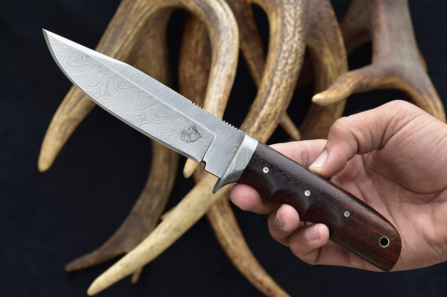 Knives Ranch 9-1/2" Handmade Hunting Knife- Full Tang Damascus Bushcraft Camping Knife- Rosewood Handle-Heavy Duty Leather Sheath (2151-IRW)