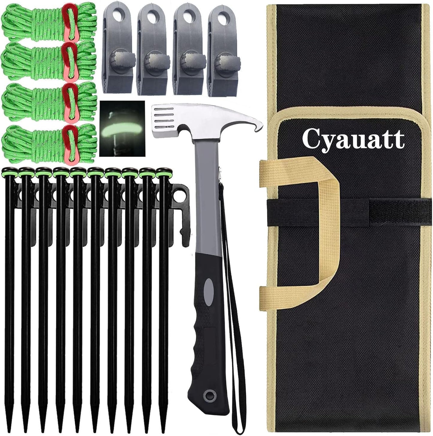 10 Pcs Heavy Duty Tent Stakes and Camping Hammer Set,10in Metal Tent Stake for Lawn,Ground and Beach,Camping Tent Kit with Tent Stakes,Hammer, Reflective Rope,Tent Clamps and Storage Bag