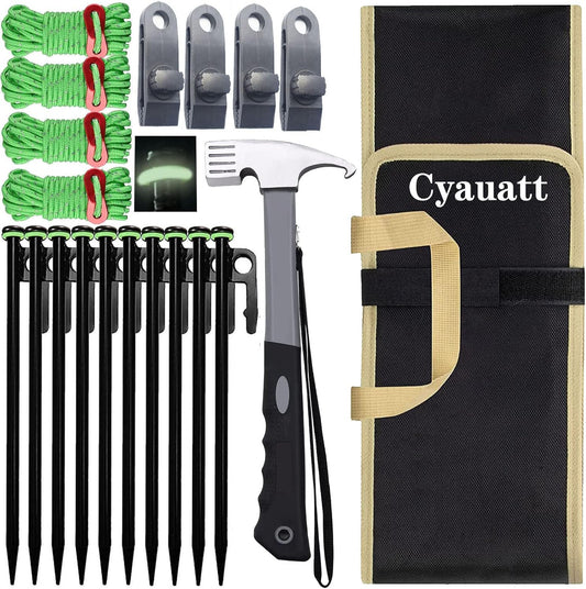 10 Pcs Heavy Duty Tent Stakes and Camping Hammer Set,10in Metal Tent Stake for Lawn,Ground and Beach,Camping Tent Kit with Tent Stakes,Hammer, Reflective Rope,Tent Clamps and Storage Bag