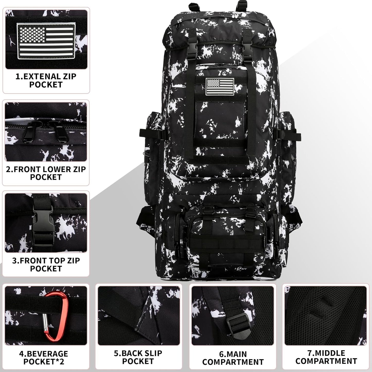 King'sGuard 100L Camping Hiking Backpack Molle Rucksack Military Camping Backpacking Daypack (Black Lighting)