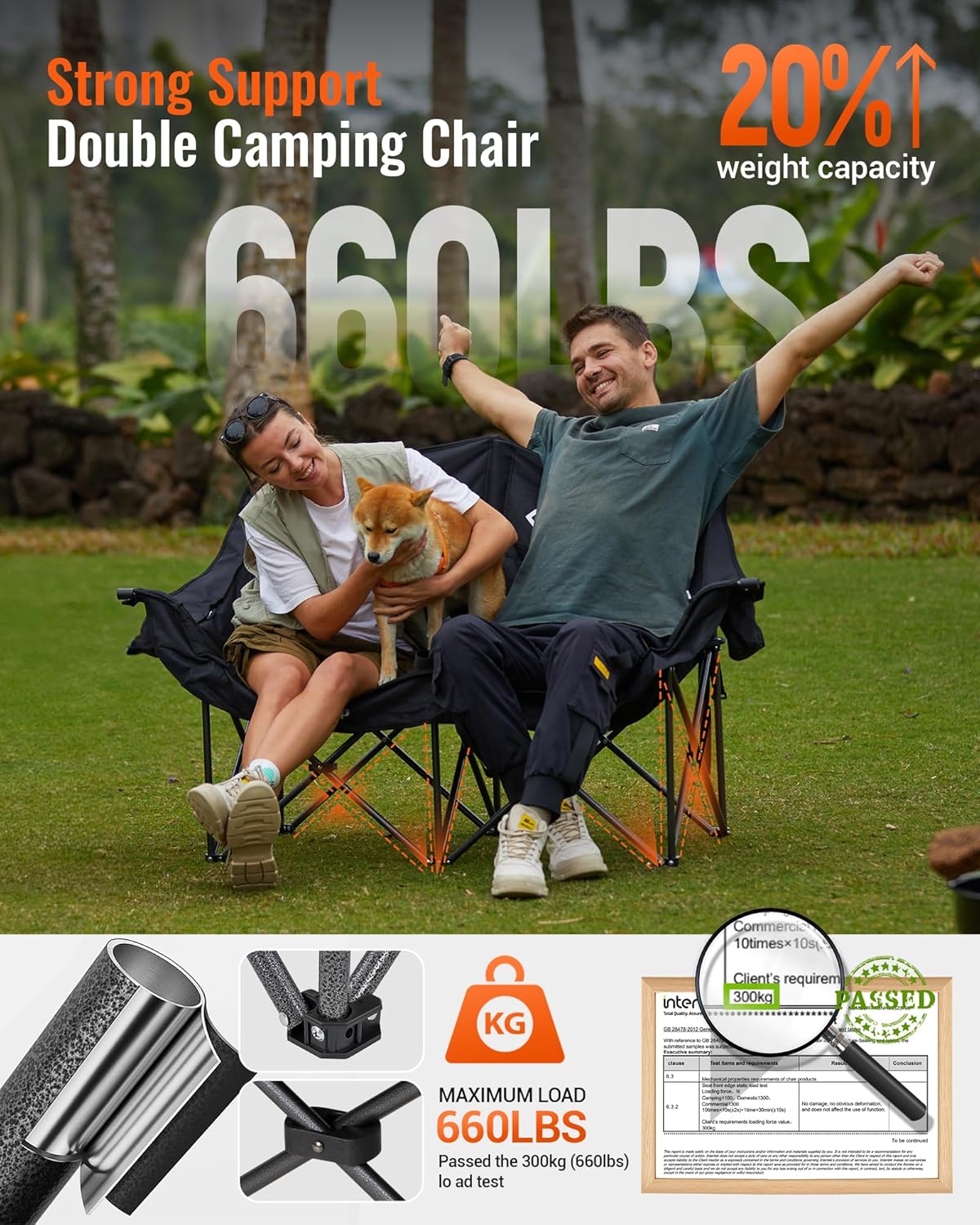 KingCamp Double Camping Chair, Oversized 660lbs Heavy Duty Loveseat for Adults Portable Folding XL 2 Person Couch Padded Comfortable Two Seat with Cup Holder for Outdoor Lawn Backyard, Black