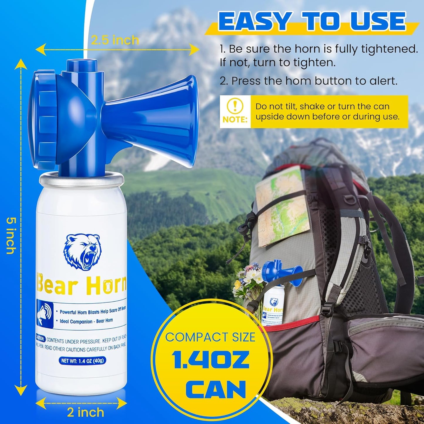 1.4oz Bear Horn Self Defense, Loud Air Horn for Wild Animals, 120dB Heard up to 1/2 Mile Away, Ideal for Hiking