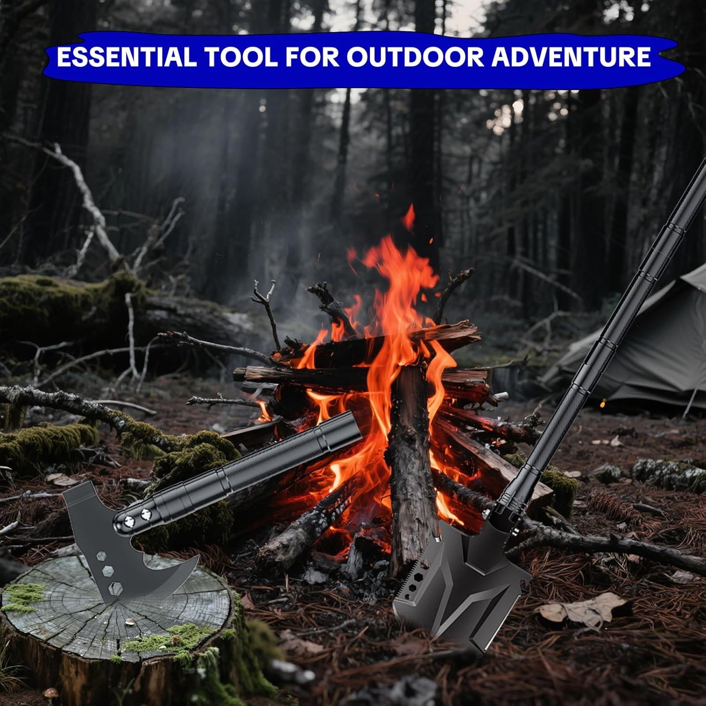 Jbox Shovel Axe Set, High Carbon Steel Folding Shovel with Adjustable 19.2-37.8 Inch Handle, Multi-Tool for Camping, Hiking, Cycling & Emergency, Includes Headlamp, Tactical Outdoor Gear