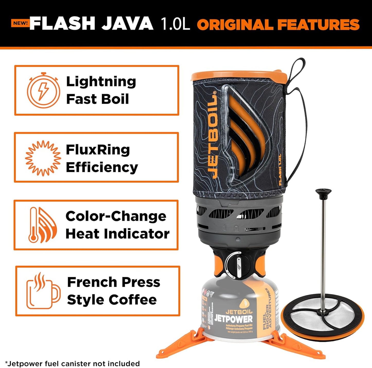 Jetboil Flash Java 1.0L Portable Fast Boil Stove with Silicone French Press and 1-Step Auto Ignition for Camping and Backpacking, New for 2025, Propane/Isobutane Burner with Cooking Cup, Topo
