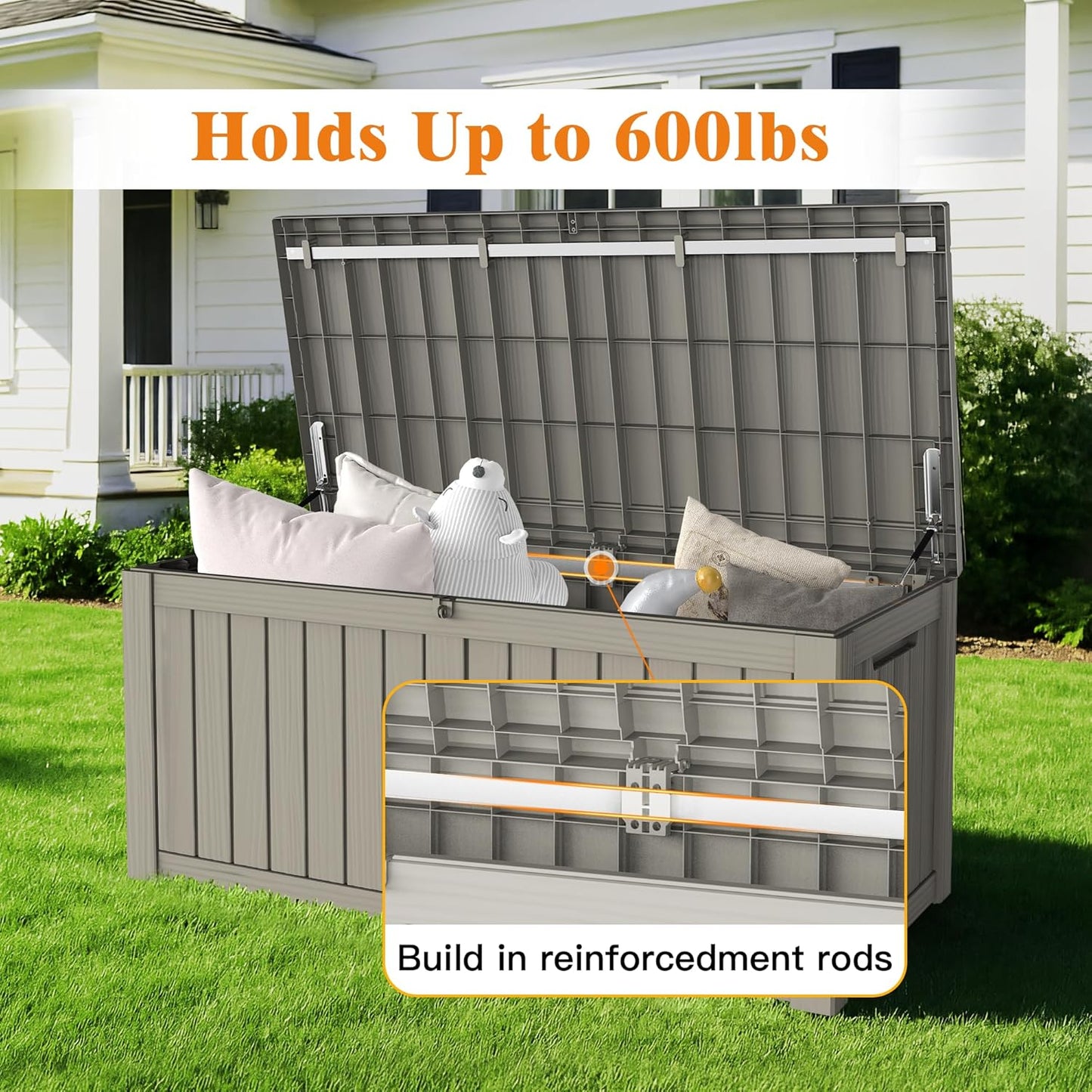 119 Gallon Outdoor Storage Box, Waterproof Deck Box with Handles and Lockable Lid, Resin Patio Storage Box with Hydraulic Rods for Garden Tools, Cushions, Grey