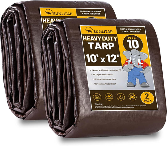 10 Mil Heavy Duty Waterproof Tarps, 10x12 Ft Finished Size Tarps, Premium Tarp with Metal Grommets & Reinforced Edge, Multipurpose Thick Tarp for Car, Boat, Roof, Camping - 2 Pack, Brown
