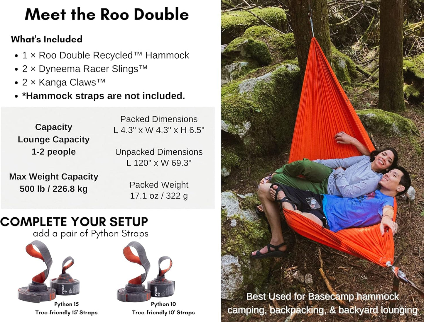 KAMMOK: Roo Double Hammock | Made from Strong & 100% Recycled Water Resistant Ripstop Fabric | Comfortable, Packable, Lightweight (Lifetime Adventure Grade Warranty), Pine Green