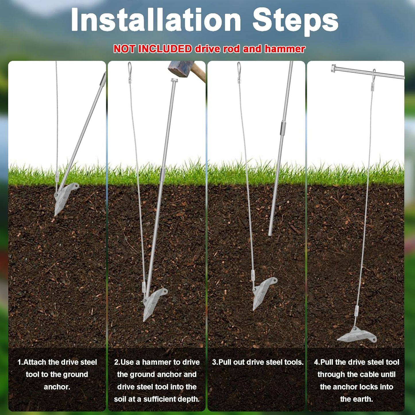 (6 Pack) Drive-In Ground Earth Anchors with 30inch Cable, Earth Anchor Heavy Duty for High Winds, Easy Hook Anchor for Fixing Shed, Carports, Tent, Swing Set, Greenhouse, Gazebo. (30inch - 6pcs)