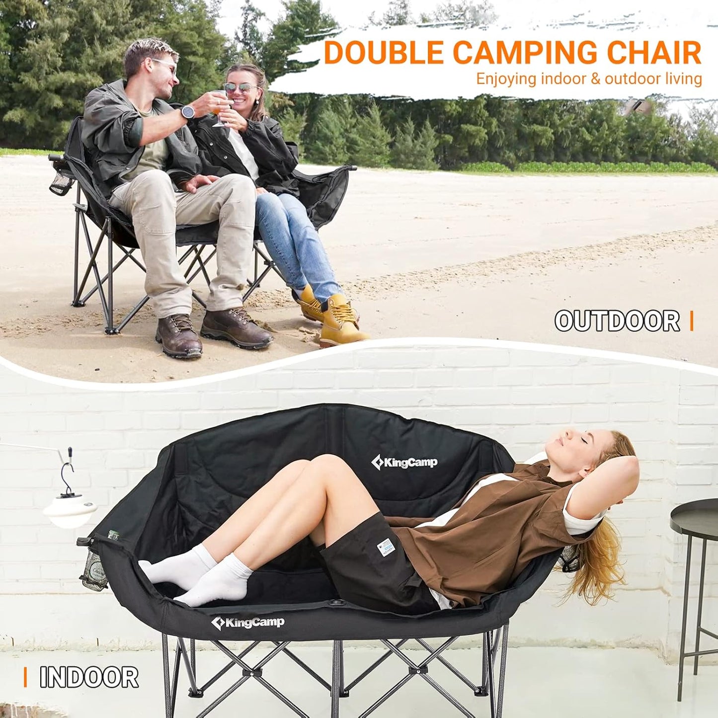 KingCamp Double Camping Chair, Oversized Heavy Duty 550lbs Loveseat for Adults Portable Folding XL 2 Person Couch Padded Comfortable Two Seat with Cup Holder for Outdoor Lawn Backyard, Black/Grey