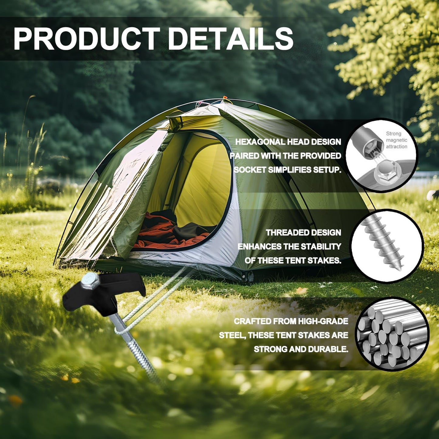 12 Pack Screw in Tent Stakes Heavy Duty,8 Inch Ground Anchors Screw in,Metal Stakes with Hex Head Driver,Camping Tent Accessories.(Black)