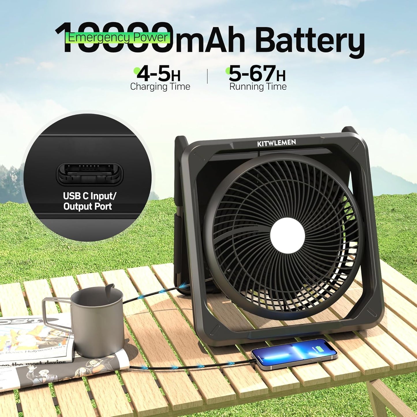 11.5 Inch Upgraded Solar Camping Fan with Light- Rechargeable Battery Fan, 10W Detachable Solar Panel, 3 Speed, 6H Timer,60° Pivot Strong Airflow for Camping Fishing RV Trips Hurricane Power Outage