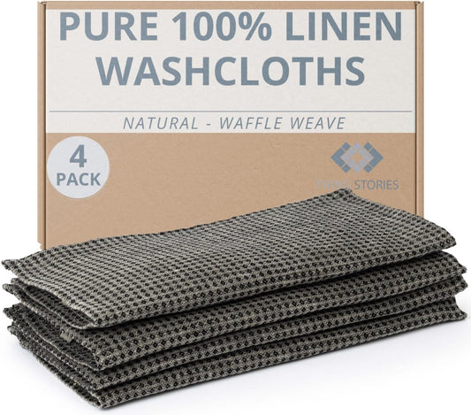 100% Flax Linen Washcloths - 4-Pack 10x10-inch Reusable Waffle Washcloths - Make up Removers Face Cloth - Black-Natural Waffle Weave Wash Cloths - Small Face Towels for Women