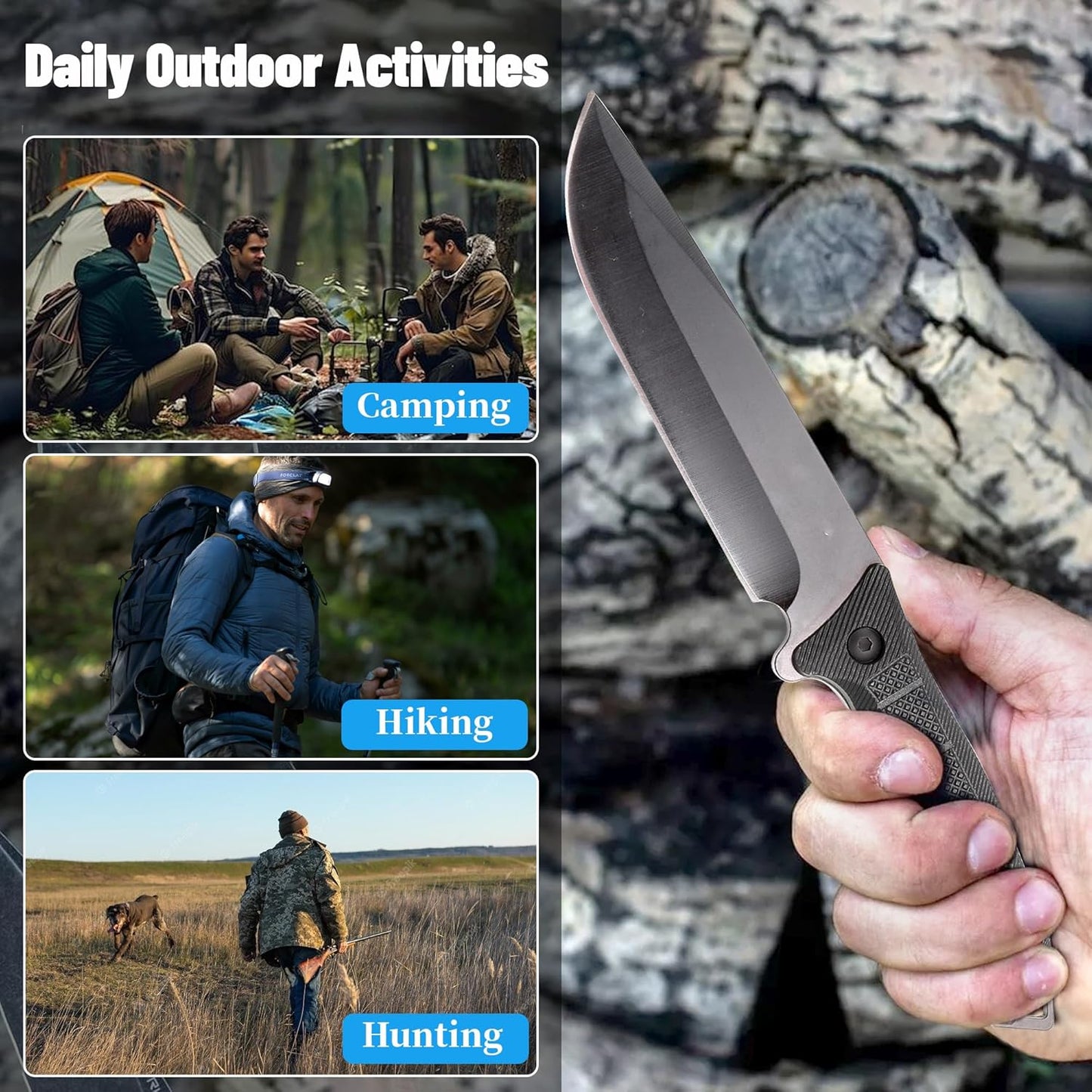 11" Fixed Blade Tactical Knives with Sheath,Hunting Knife with High Carbon Steel Blade, Non-Slip Handle, Lanyard Hole, Camping Knives for Hiking, Outdoor, Hunting, Survival, Adventure,EDC,Bushcraft