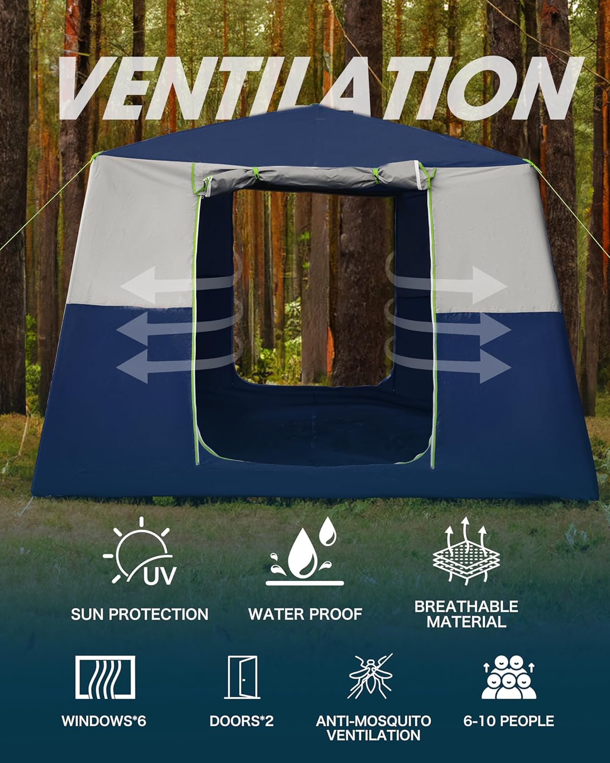 14.1'x6.5'x9' Inflatable Tents for Camping, Portable 6/8/10 Person Blow Up Air Tent, Waterproof Windproof Easy Setup Large Family Tent with 2 Doors, 6 Windows, Mosquito Screen