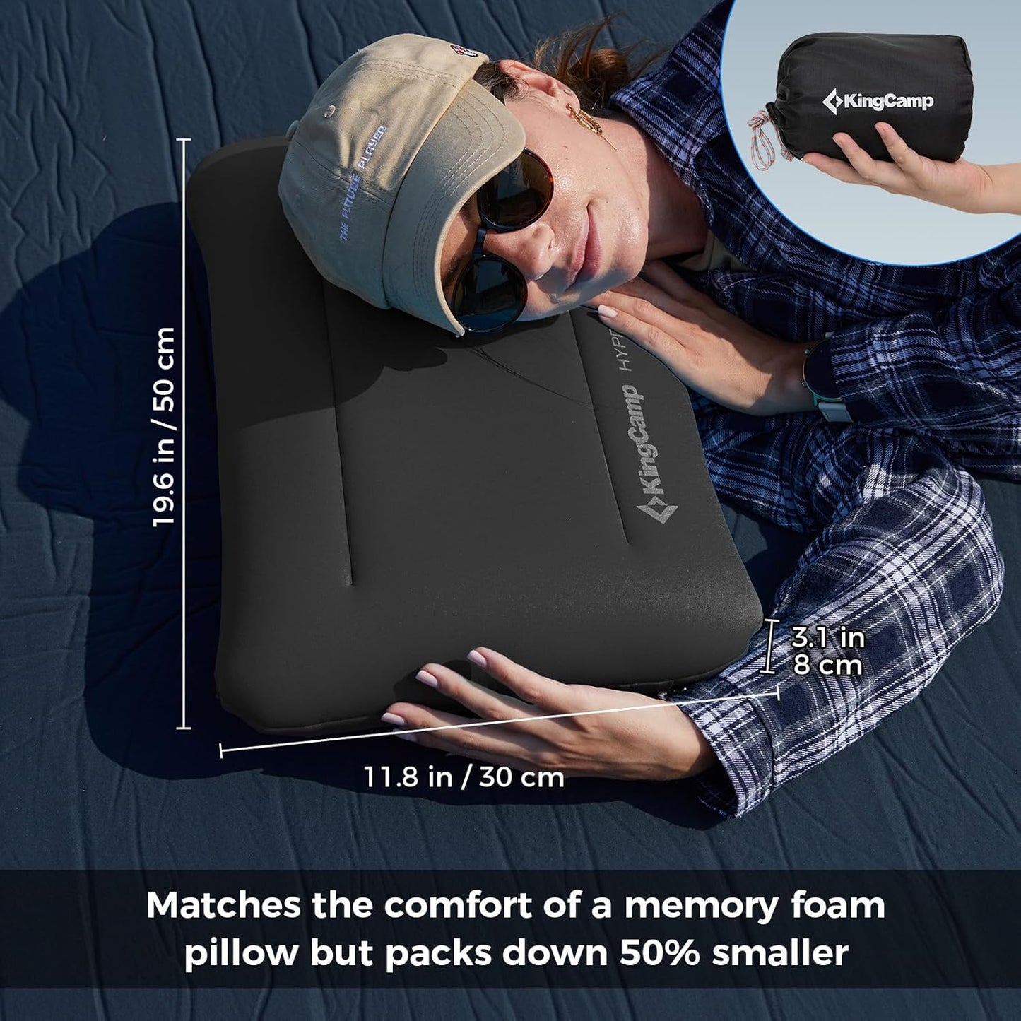 KingCamp Inflatable Pillow for Camping, Extra Large Camping Pillow, Portable Ergonomic Air Pillow with Removable Washable Memory Foam Cover for Camp, Hiking, Car, Beach, Travel