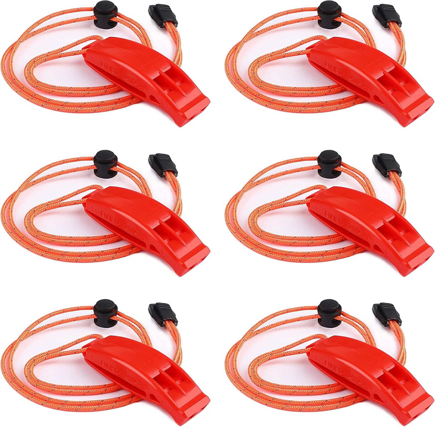 JULBEAR 6PCS Safety Survival Whistles with Adjustable Reflective Lanyard Emergency Plastic Whistle Marine Whistle