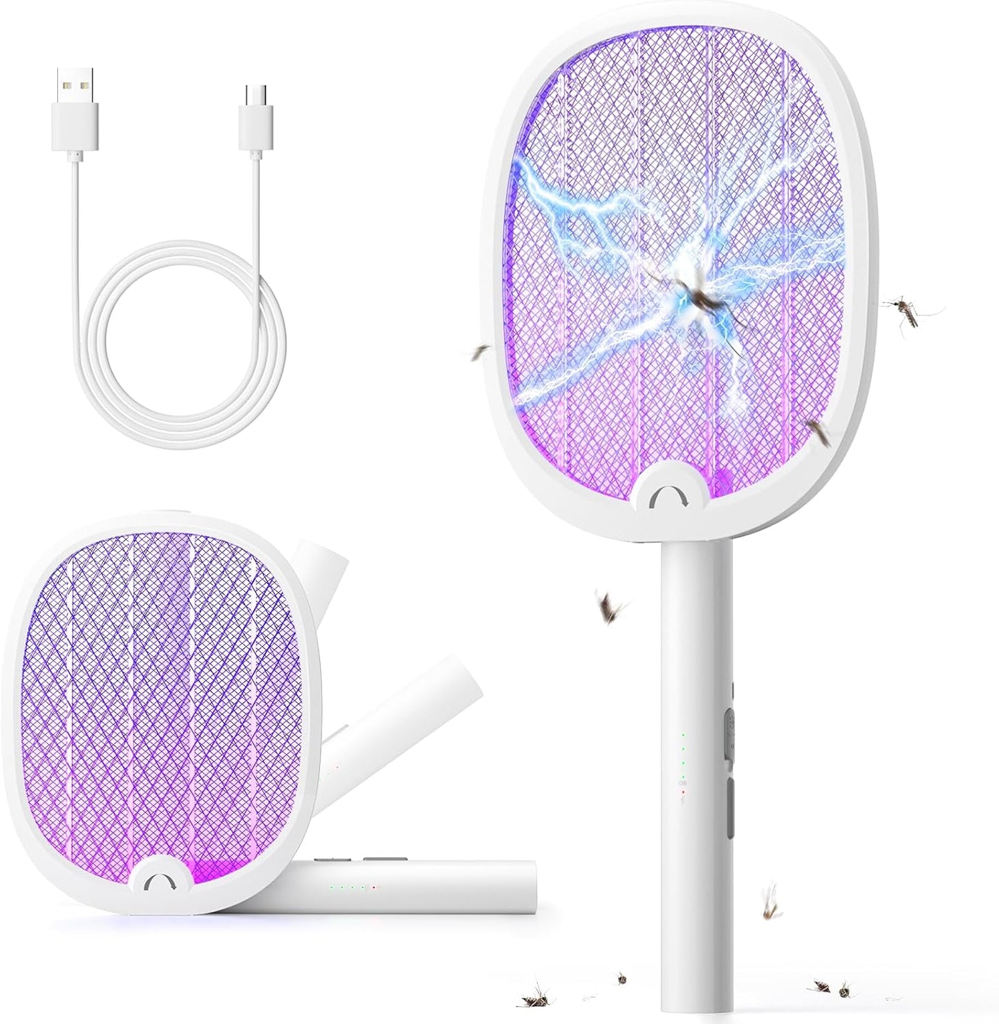 YISSVIC Electric Fly Swatter Foldable Bug Zapper Racket 2 in 1 Mosquito Killer with Purple Attractant Light Rechargeable 1800mAh for Indoor Home Backyard Patio Camping