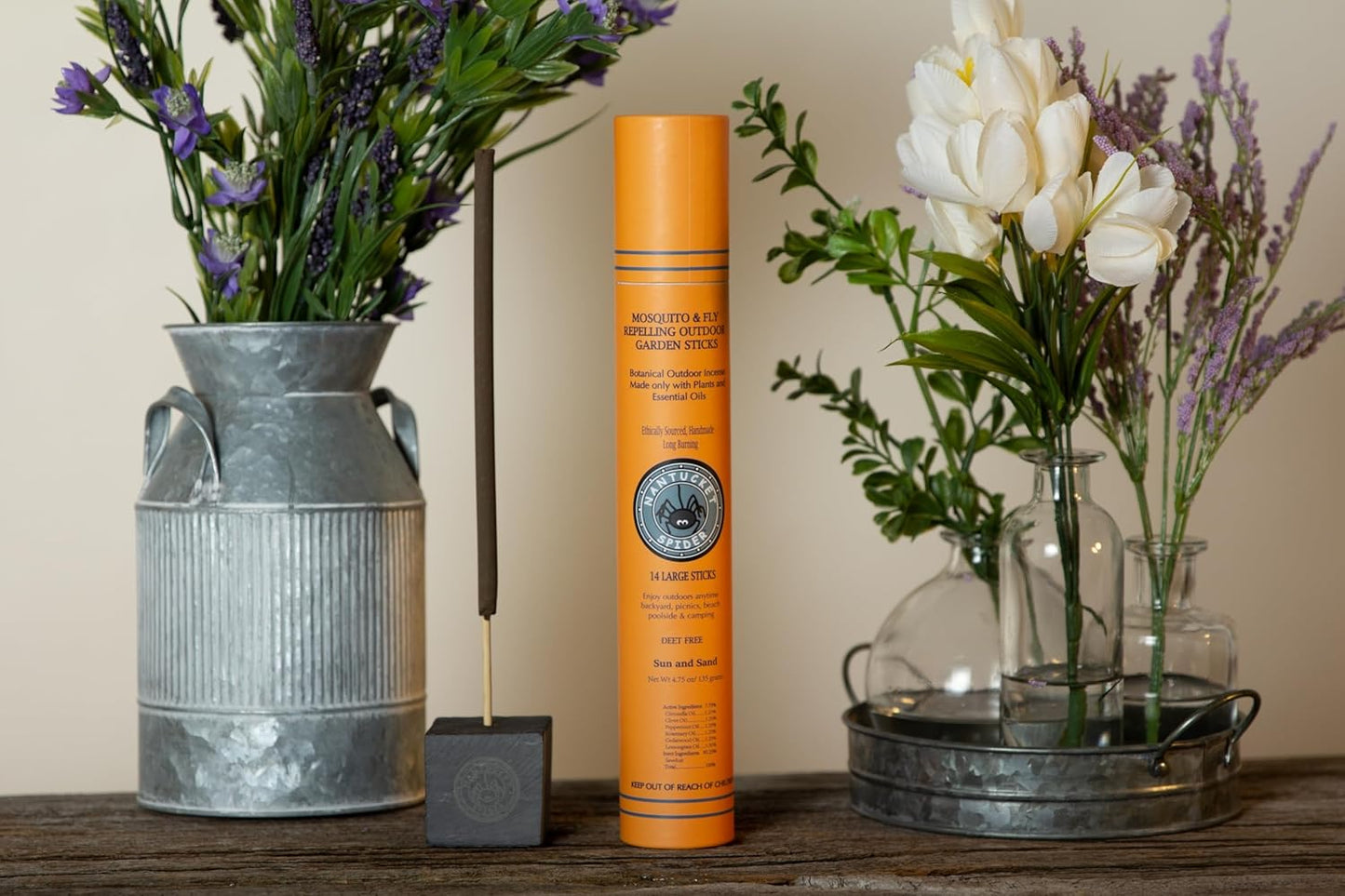 Nantucket Spider Bundle | Garden Repellent Sticks 14 Pack and Incense Stick Holder | Repels Mosquitoes & Flies | Long Lasting | Soapstone Block, Handmade Bamboo Based Sticks, Sun and Sand