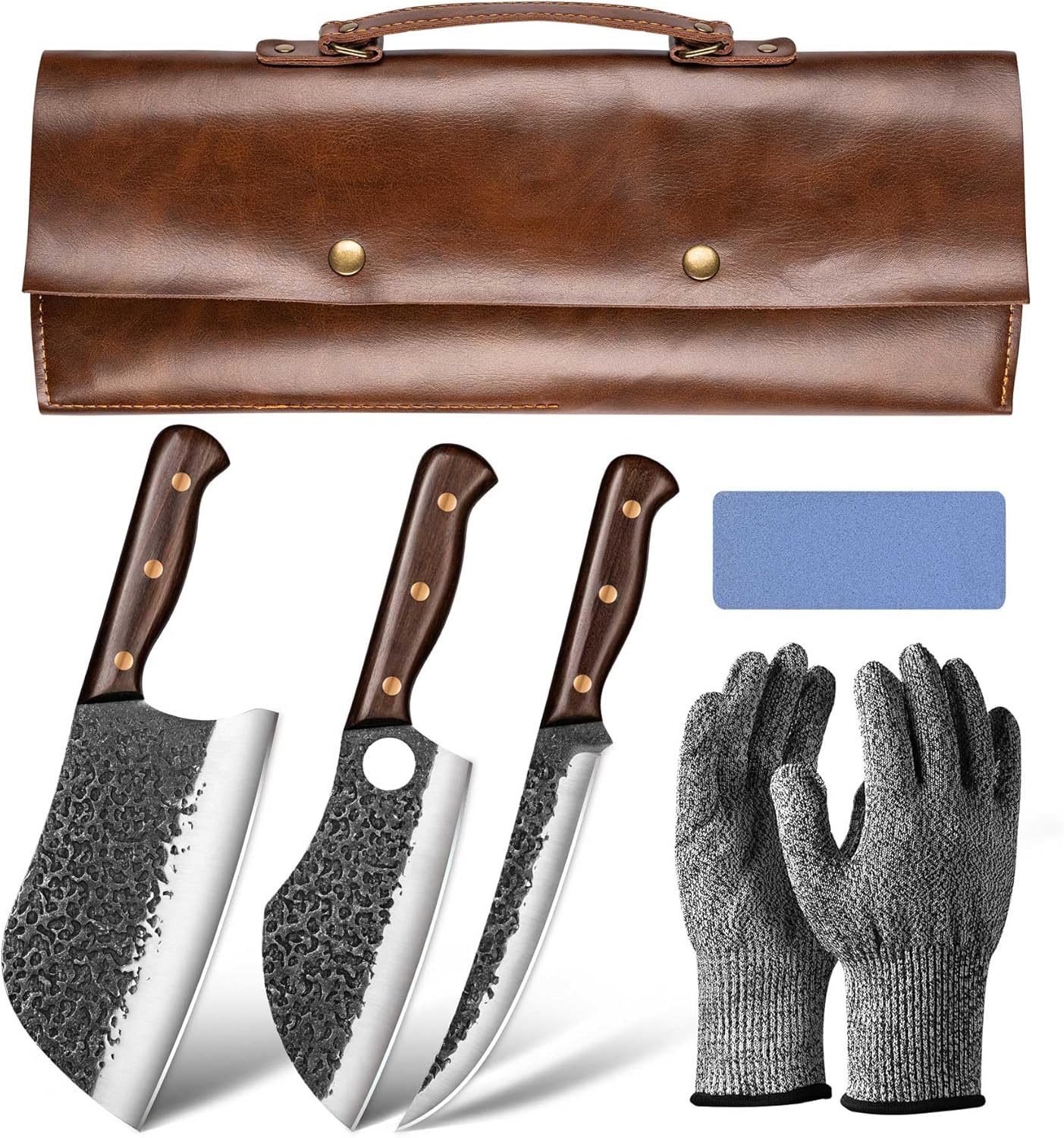 KINGOD 3-Piece Outdoor Butcher Knife Set with Bag & Gloves & Whetstone, Hand-Forged Full Tang Hunting Cleaver, Viking Boning Knife & Meat Knife for Camping, BBQ & Meat Processing